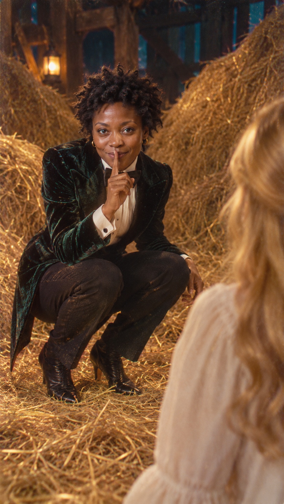 Externally prepared scene of fictional Maya crouching in a lantern-lit hay barn with a finger to her lips.
