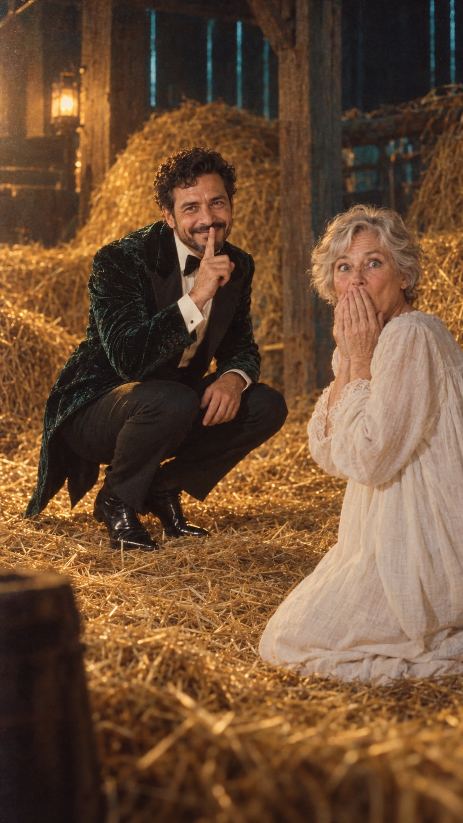 Externally combined scene of fictional Rafael crouching beside Elena in a lantern-lit hay barn.